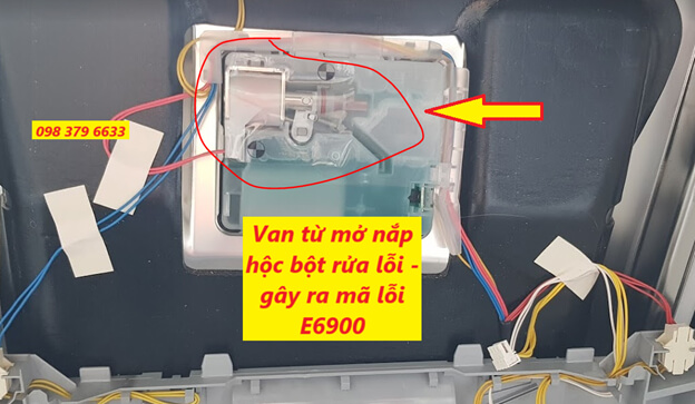 E6900 trên máy rửa chén Bosch lỗi – Kiểm tra khắc phục và thay thế van từ nắp hộc bột rửa